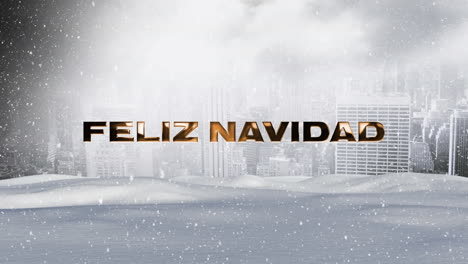 Animation-of-feliz-navidad-text-and-cityscape-in-snow-background
