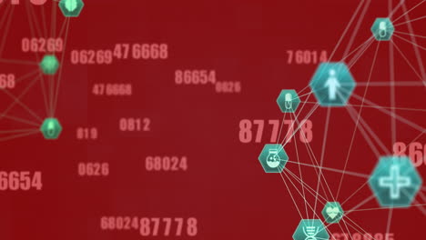 Animation-of-multiple-changing-numbers-and-connected-icons-globes-over-red-background