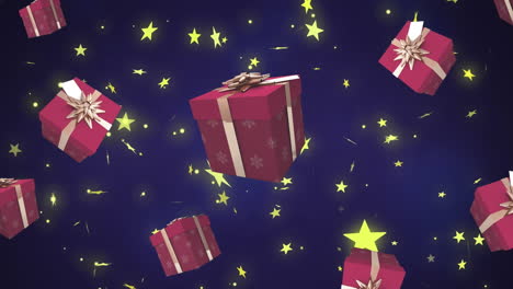 Animation-Von-Geschenken-Und-Sternen,-Die-Auf-Blauen-Hintergrund-Fallen