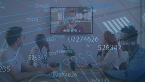 Animation-of-graphs,-changing-numbers-over-diverse-coworkers-discussing-reports-on-video-call