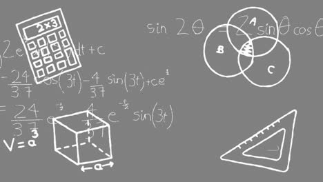 Animation-of-calculator,-cube,-scale,-mathematical-equations-and-diagrams-over-gray-background