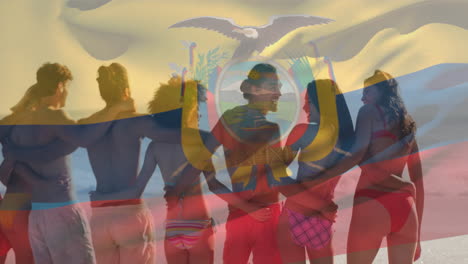 Animation-of-flag-of-ecuador-waving-over-diverse-friends-forming-human-chain-at-beach