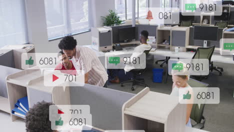 Animation-of-multiple-notification-bars-over-diverse-coworkers-discussing-on-desk-in-office
