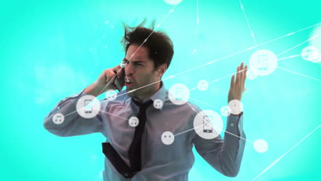 Animation-of-connected-icons-over-frustrated-businessman-shouting-on-phone-call-underwater