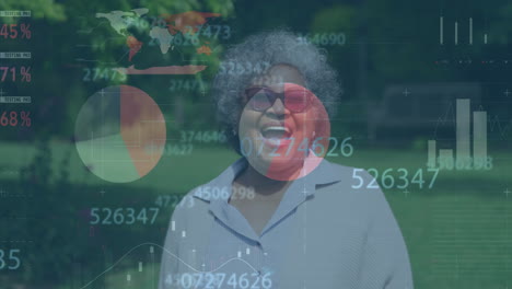 Animation-of-numbers,-infographic-interface,-laughing-senior-biracial-woman-standing-outdoors