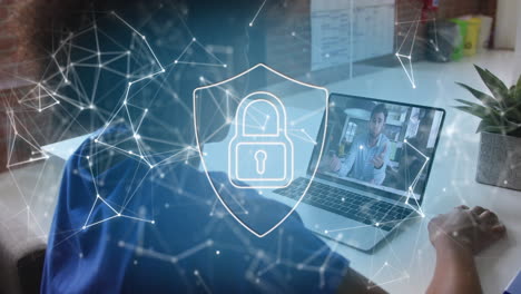 Animation-of-padlock-in-shield-and-connected-dots-over-diverse-coworkers-discussing-on-video-call