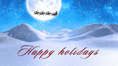 Animation-of-happy-holidays-text-over-santa-claus-in-sleigh-in-winter-scenery-background