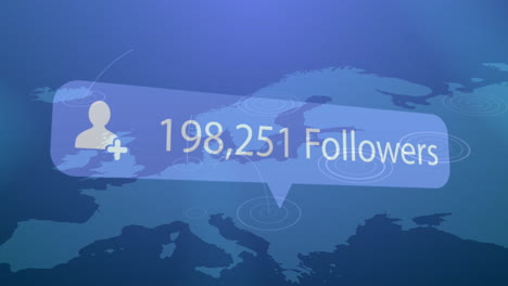 Animation-of-changing-numbers,-followers-text,-icon-over-abstract-pattern-on-blue-background