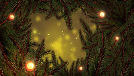 Animation-of-fir-tree-branches-with-glowing-lights-on-yellow-background