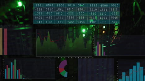 Animation-Von-Mehrfarbigen-Graphen-Und-Zahlendiagrammen-über-Beleuchtetem-Datenserversystem