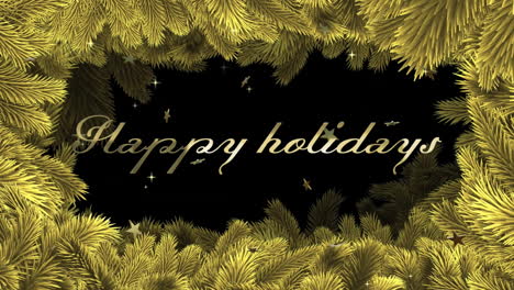 Animation-of-happy-holidays-text-with-feathers-and-stars-on-black-background