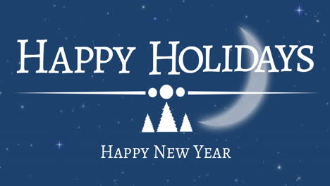 Animation-of-happy-holidays-text,-trees-and-circles-against-moon-and-stars
