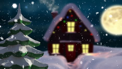 Animation-Von-Weihnachtsbaum-Und-Haus-über-Schneebedecktem-Hintergrund