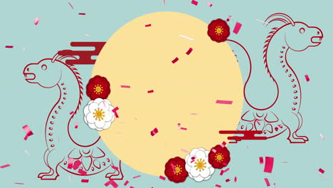 Animation-Von-Drachenzeichen-Und-Chinesischem-Muster-Auf-Gelbem-Kreis-Und-Blauem-Hintergrund