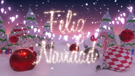 Animation-of-snowfall-over-baubles,-stick,-bell,-feliz-navidad-text,-trees-against-night-sky