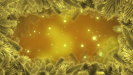 Animation-Von-Lichtpunkten-über-Tannenzweigen-Auf-Gelbem-Hintergrund