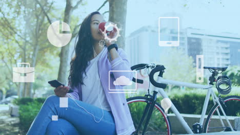 Animation-of-icons,-asian-woman-drinking-coffee-and-holding-cellphone-while-sitting-beside-bicycle