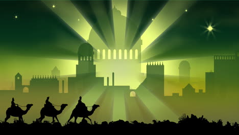 Animation-of-silhouette-of-three-wise-men-on-camels-over-cityscape-on-green-background
