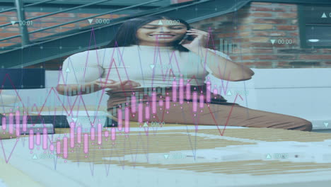 Animation-of-multiple-graphs-with-changing-numbers-over-biracial-woman-talking-on-smartphone
