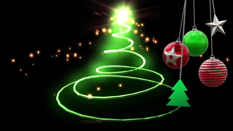 Animation-of-christmas-baubles-decorations-over-christmas-tree-on-black-background