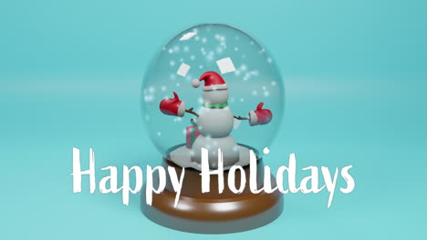 Animation-of-happy-holidays-text-and-christmas-snow-globe-on-pink-background