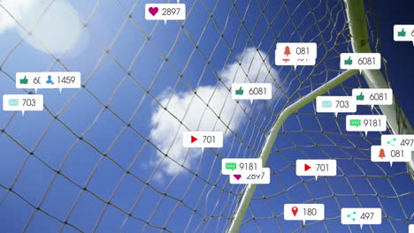 Animation-of-numbers,-icons-in-notification-bars,-close-up-of-soccer-ball-hitting-net-against-sky