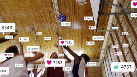 Animation-of-multiple-notification-bars-over-diverse-basketball-players-playing-practice-match