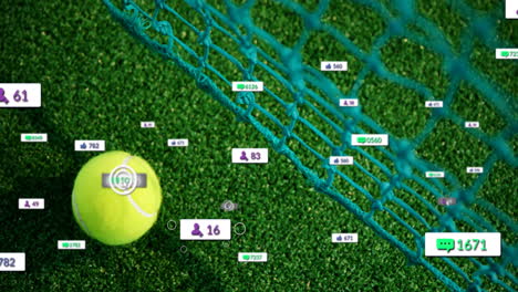 Animation-Von-Benachrichtigungsleisten-über-Netz-Und-Tennisball-Auf-Grünem-Boden