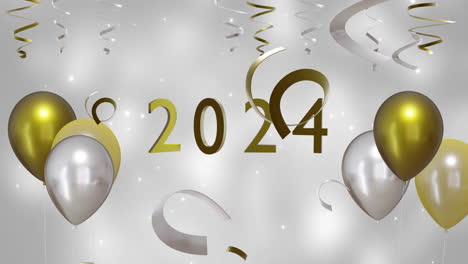 Animation-of-2024-text,-gold-and-silver-streamers-and-ballons-on-white-background
