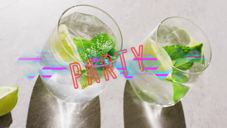 Animation-of-party-neon-text-and-cocktails-on-wthie-background