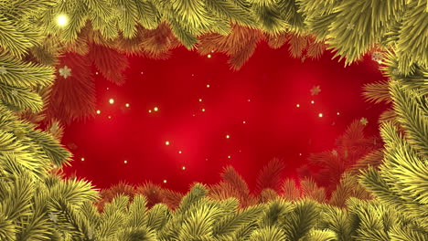 Animation-of-christmas-fir-tree-branches-and-snow-falling-on-red-background