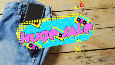 Animation-of-huge-sale-text-over-denim-trousers-background