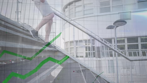 Animation-of-multiple-graphs-with-changing-numbers,-caucasian-man-running-down-stairs