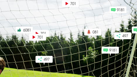 Animation-of-notification-bars-over-caucasian-goalkeeper-failing-to-stop-goal