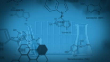 Animation-of-molecule-structures-over-empty-laboratory-flasks-and-test-tubes-against-blue-background