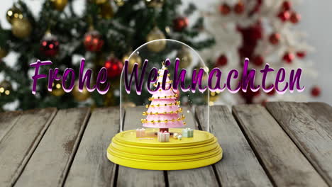 Animation-of-frohe-wihnachten-text-over-snow-globe-with-christmas-tree