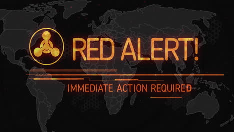 Animation-of-abstract-warning-symbol,-red-alert-immediate-action-required-text-over-map