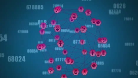 Animation-of-connected-icons-globe-and-changing-numbers-over-blue-background