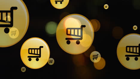Animation-of-shopping-cart-icon-in-circles-over-blurred-vehicles-moving-on-street-in-city