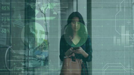 Animation-of-infographic-interface-over-asian-woman-scrolling-on-smartphone-while-walking-in-office