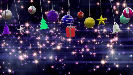 Animation-of-christmas-baubles-decorations-with-flickering-spots-on-black-background