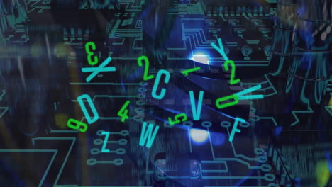 Animation-of-changing-numbers-and-letters-with-circuit-board-pattern-over-black-background