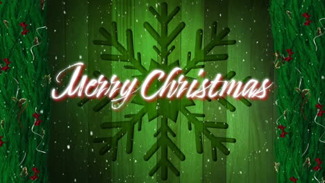 Animation-of-merry-christmas-text-over-snow-falling-in-christmas-green-background