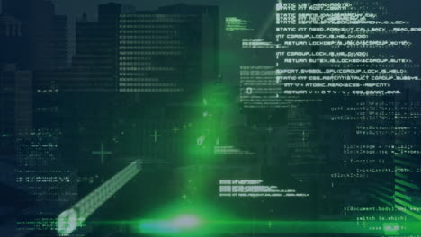 Animation-of-computer-language-and-lens-flare-against-modern-buildings