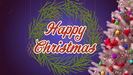 Animation-of-happy-christmas-text-over-baubles-and-bell-on-tree-over-wreath-against-blue-background