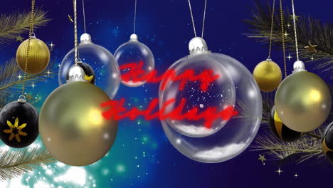 Animation-of-happy-holidays-text-with-baubles,-stars,-feathers-hanging-on-blue-background