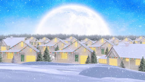 Animation-of-snowfall-on-trees-and-illuminated-houses-against-sun-in-blue-sky