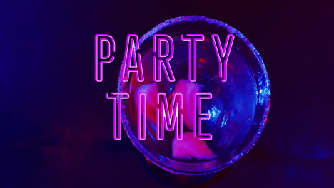 Animation-Von-Party-Time-Neontext-Und-Cocktail-Auf-Blauem-Hintergrund