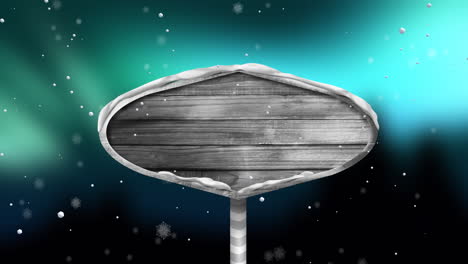 Animation-of-christmas-wooden-sign-with-copy-space-and-snow-falling-background