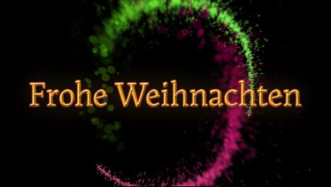 Animation-of-frohe-weihnachten-text-over-glowing-lights-on-black-background